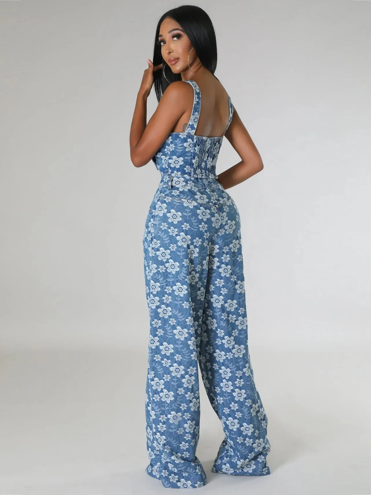2024  Fashion Casual Jean Set Denim Sleeveless Button Crop Top and Wide Leg Pants Two Piece Denim Sets For Women