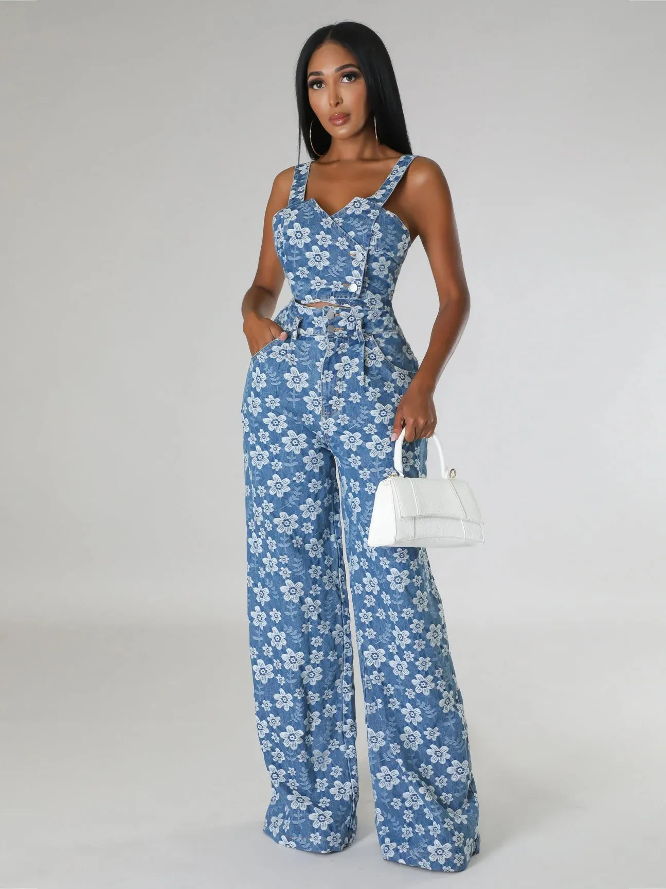 2024  Fashion Casual Jean Set Denim Sleeveless Button Crop Top and Wide Leg Pants Two Piece Denim Sets For Women