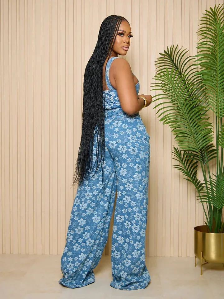 2024  Fashion Casual Jean Set Denim Sleeveless Button Crop Top and Wide Leg Pants Two Piece Denim Sets For Women