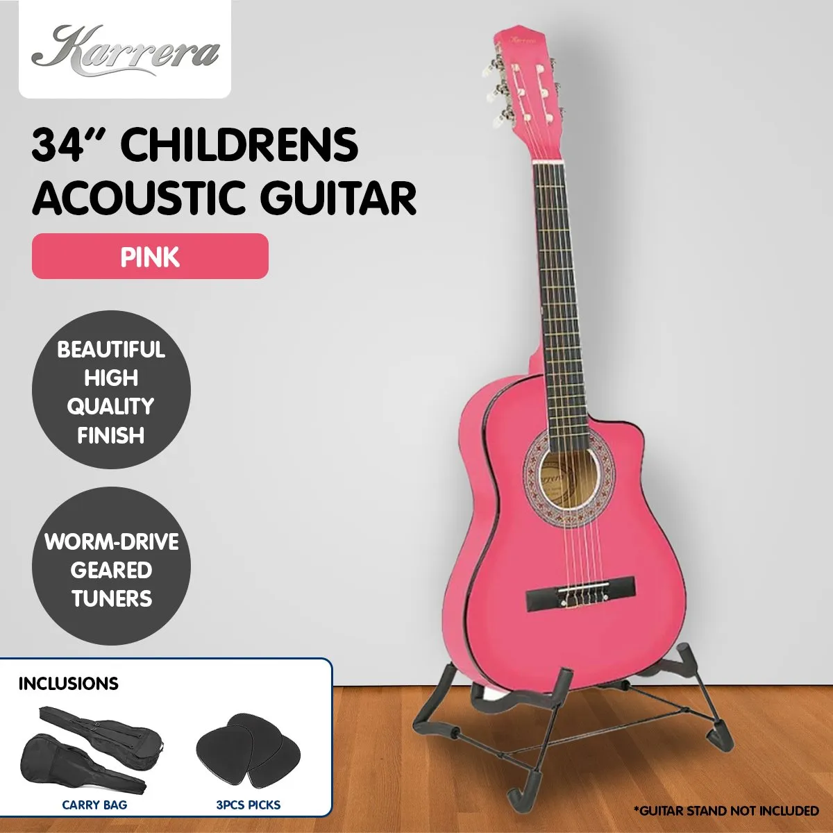 34in Pink Cutaway Childrens Acoustic Guitar with Picks