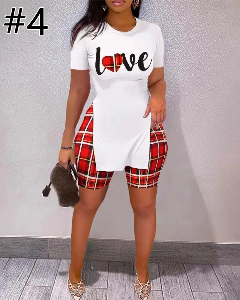 Casual Letter Print Short Sleeve Top Shorts Set(AY1828)