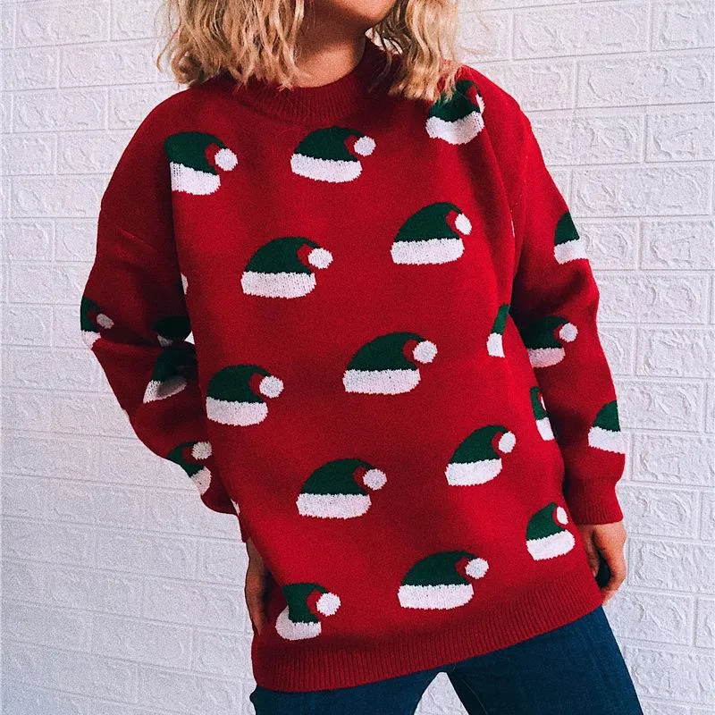 Christmas sweater round neck long sleeve new year Christmas hat knitted pullover women