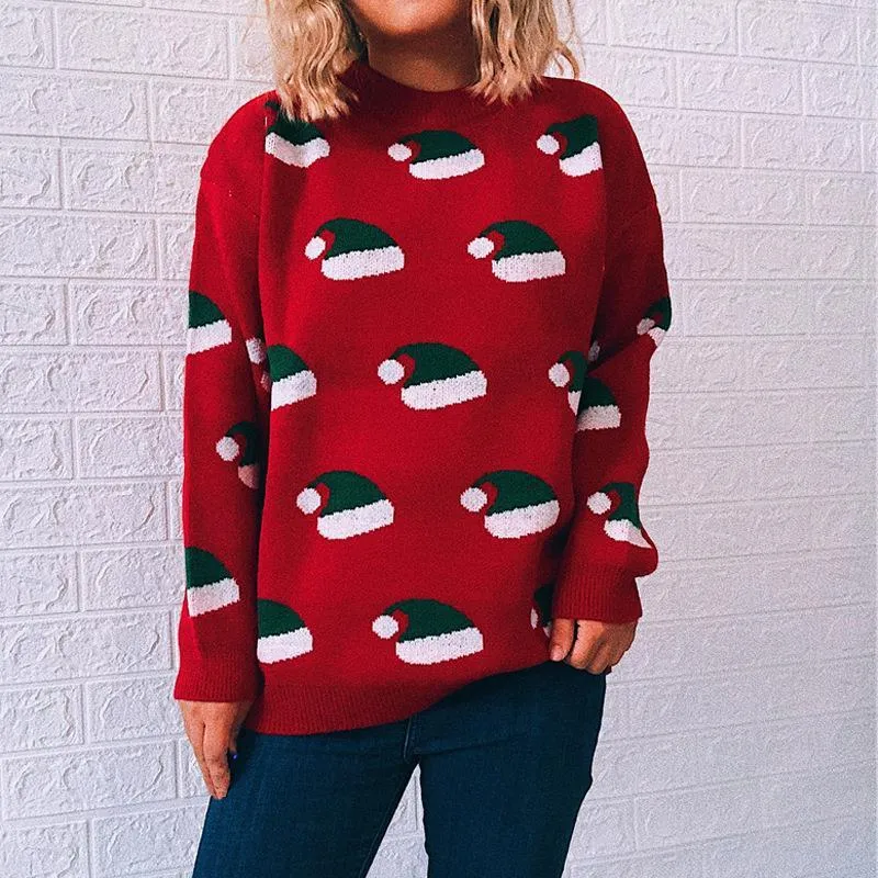 Christmas sweater round neck long sleeve new year Christmas hat knitted pullover women