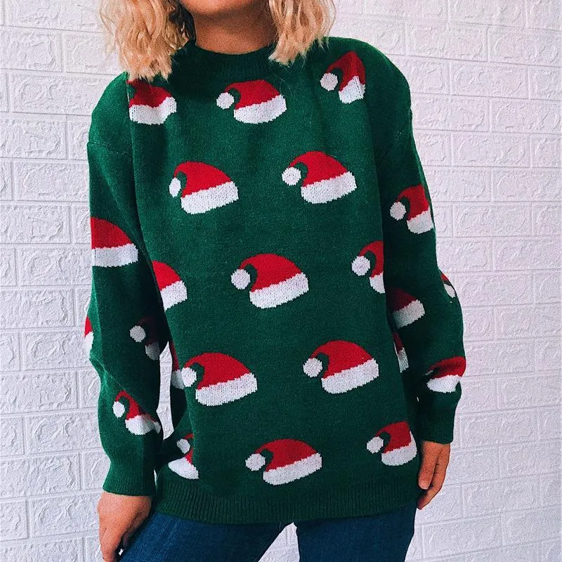 Christmas sweater round neck long sleeve new year Christmas hat knitted pullover women