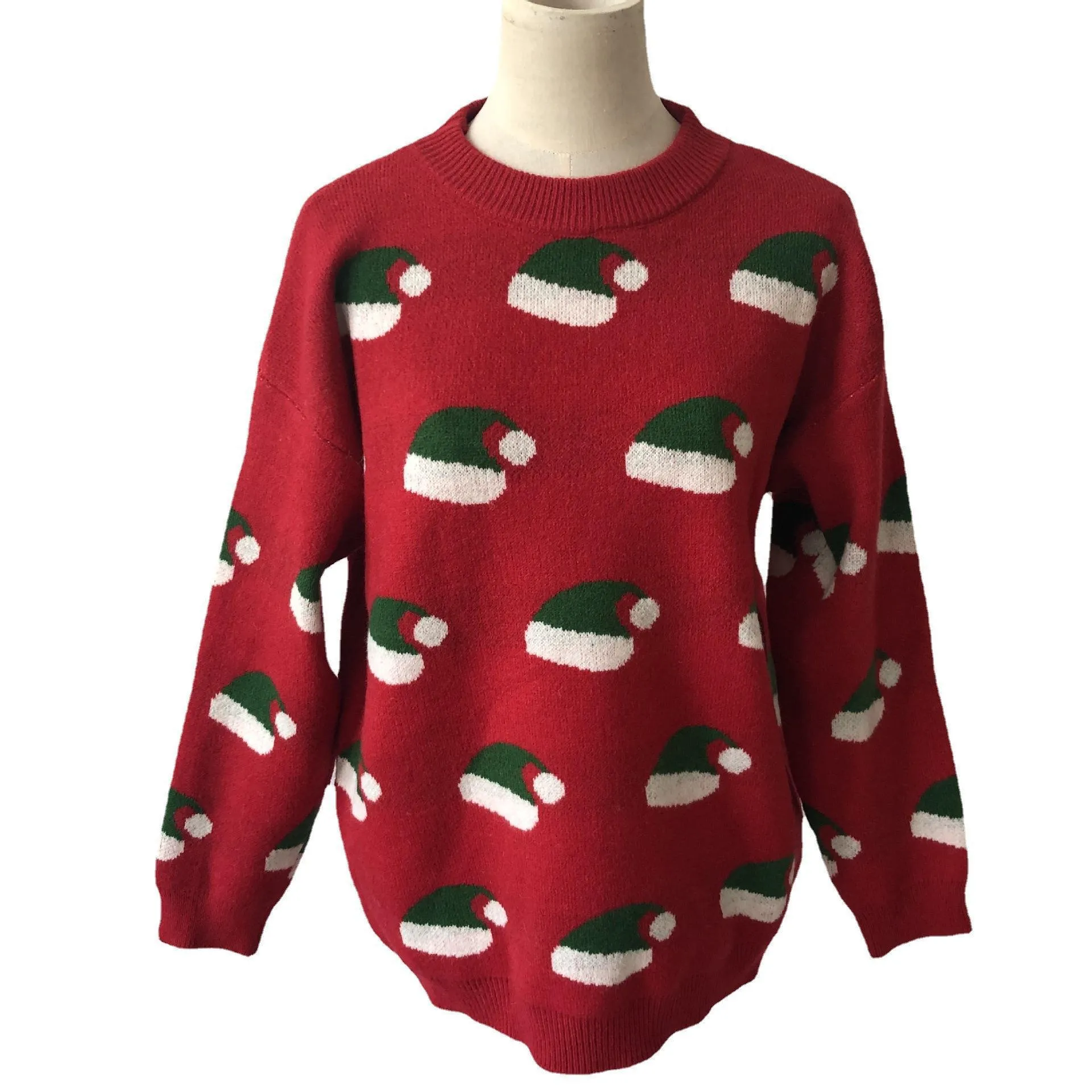 Christmas sweater round neck long sleeve new year Christmas hat knitted pullover women