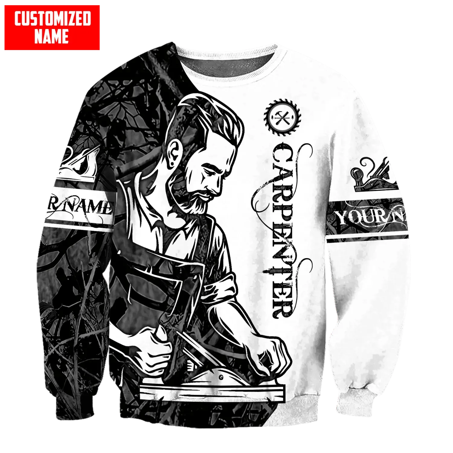 Customized Name Carpenter Tattoo Black 3D Full Printed Sweatshirt Hoodie, Christmas Gift for Carpenter
