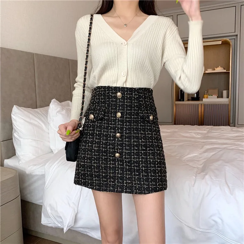 deanwangkt Plaid Tweed Skirts Office Lady High Waist Mini Skirt Woolen Clubwear Vintage Buttons Black White Zipper Shorts Skirt