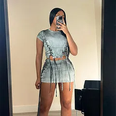 Fashion casual drawstring pleated gradient skirt set AY3539