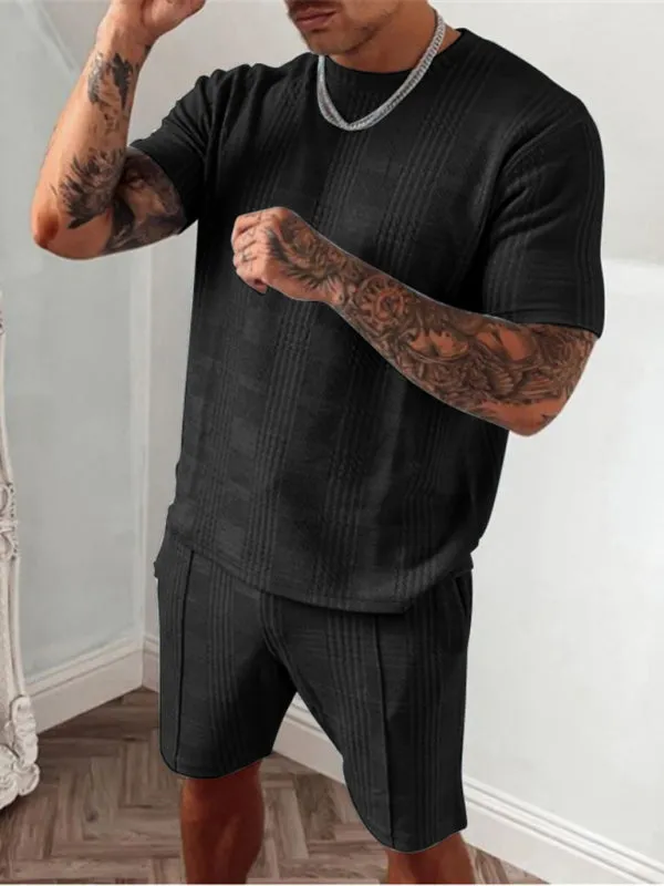 Men's casual plaid short-sleeved T-shirt   shorts two-piece set
