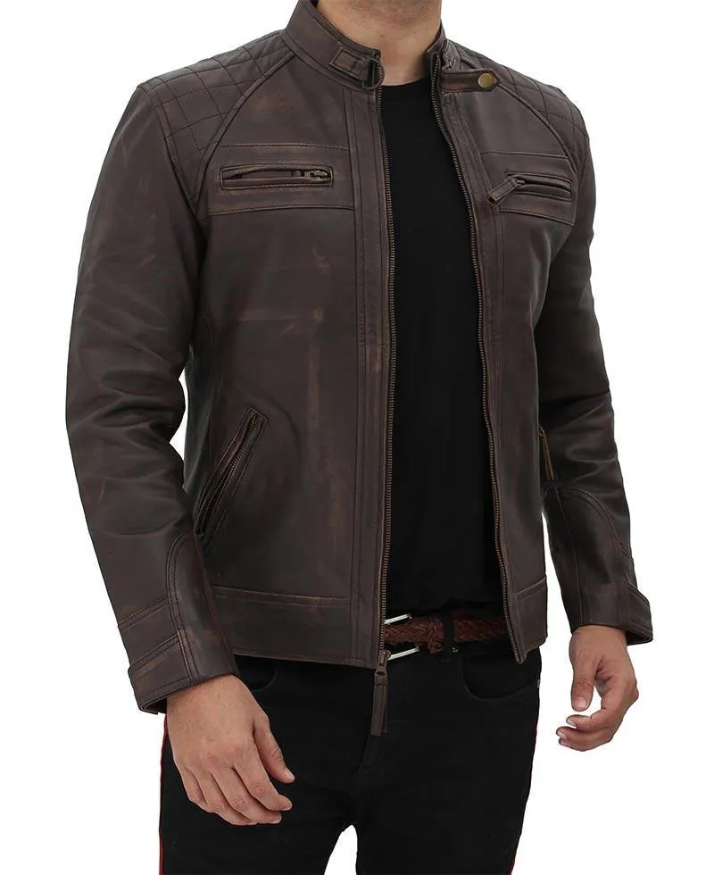 Quilted Distressed Brown Lambskin Leather Motorcycle Jacket
