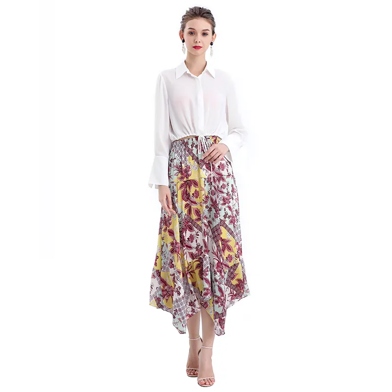 S068-5 Women vintage print asymmetric panelled long flare handkerchief skirt