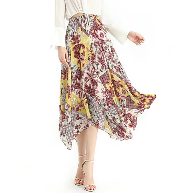 S068-5 Women vintage print asymmetric panelled long flare handkerchief skirt