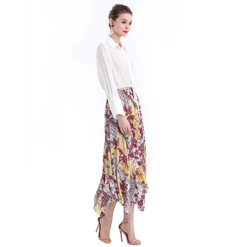 S068-5 Women vintage print asymmetric panelled long flare handkerchief skirt