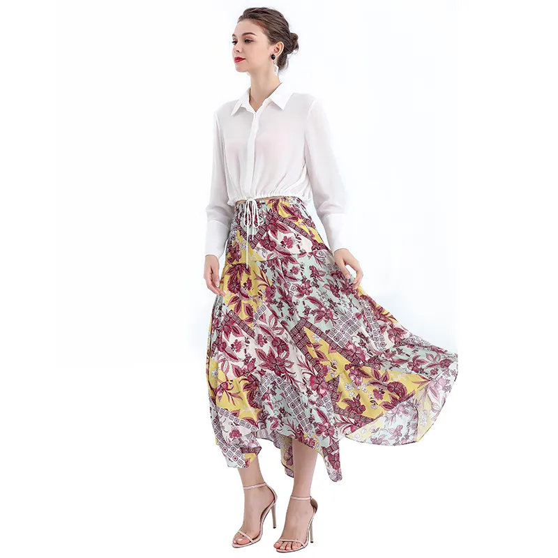 S068-5 Women vintage print asymmetric panelled long flare handkerchief skirt