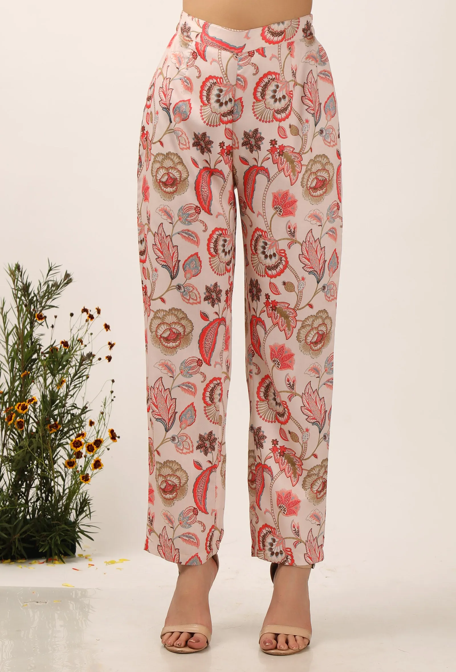 Set Of 2: Ambi Floral Chintz Straight Kurta With Fit Narrow Pants