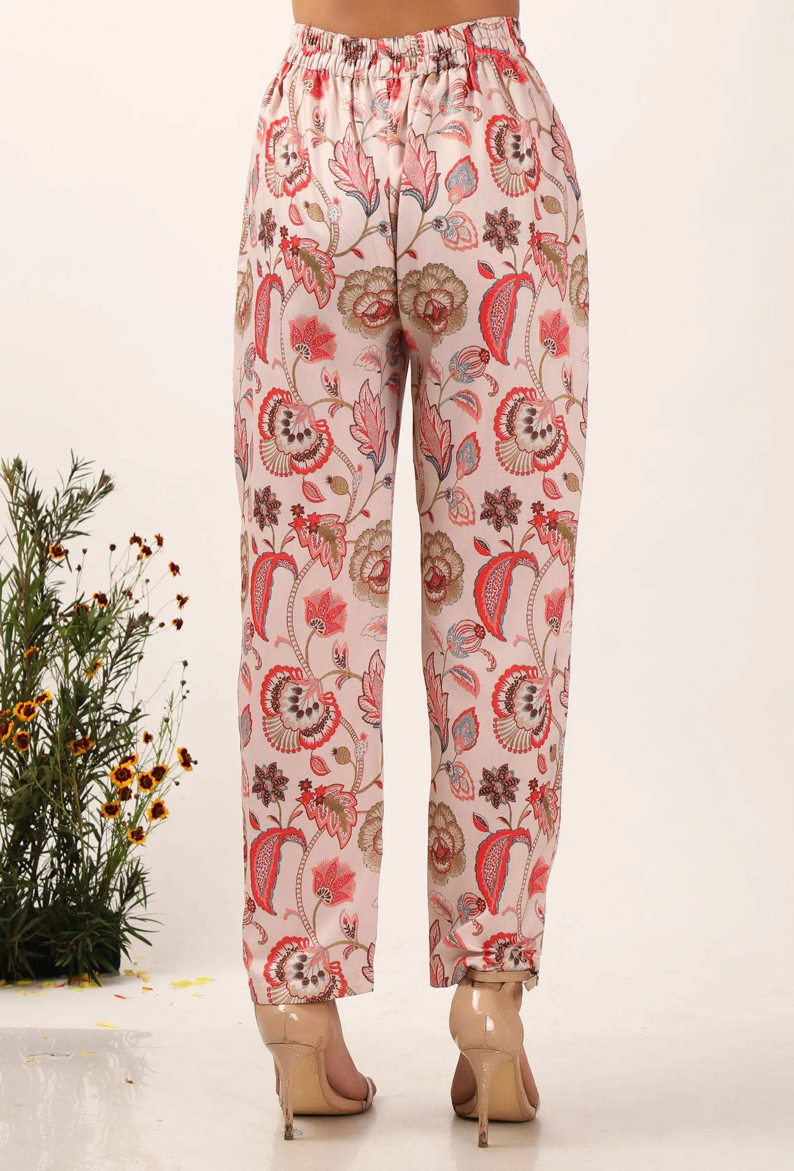 Set Of 2: Ambi Floral Chintz Straight Kurta With Fit Narrow Pants