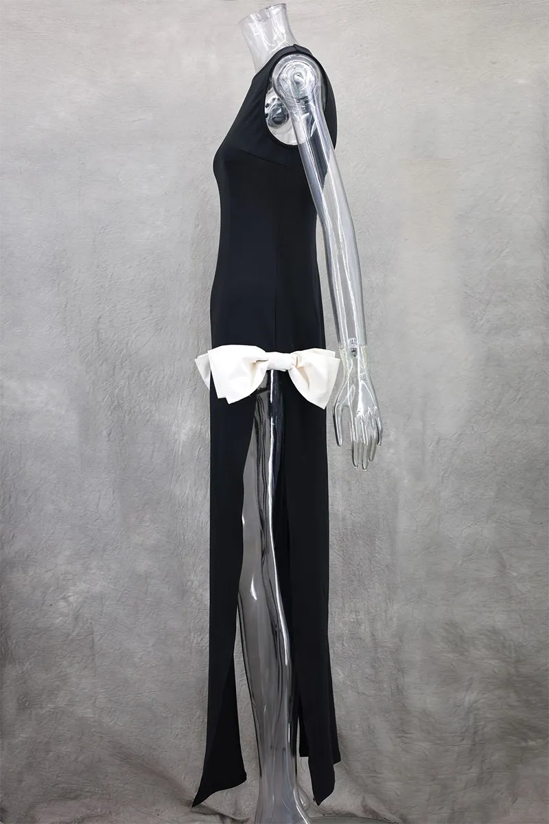 Sexy Slit Bow Decor O Neck Evening Dresses