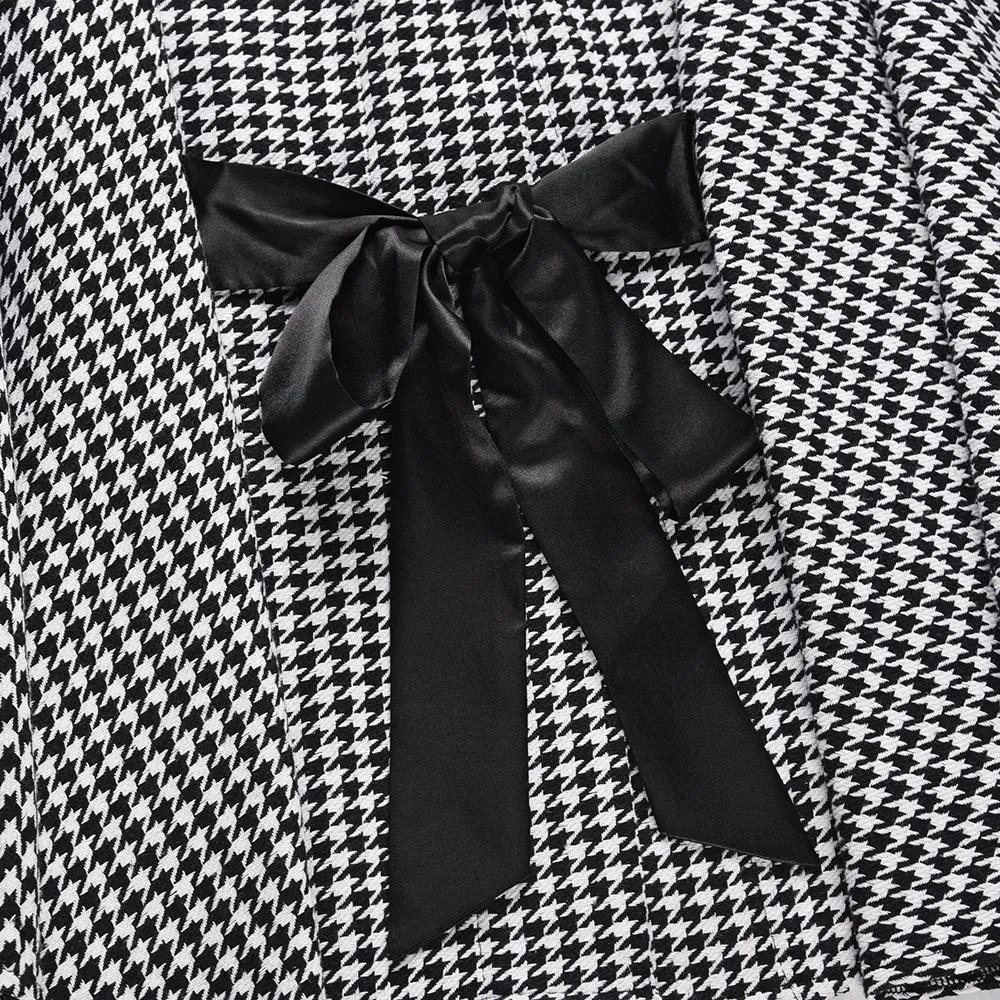 Women plaid bowknot strap long sleeve cape coat