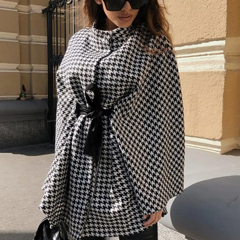 Women plaid bowknot strap long sleeve cape coat