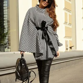 Women plaid bowknot strap long sleeve cape coat