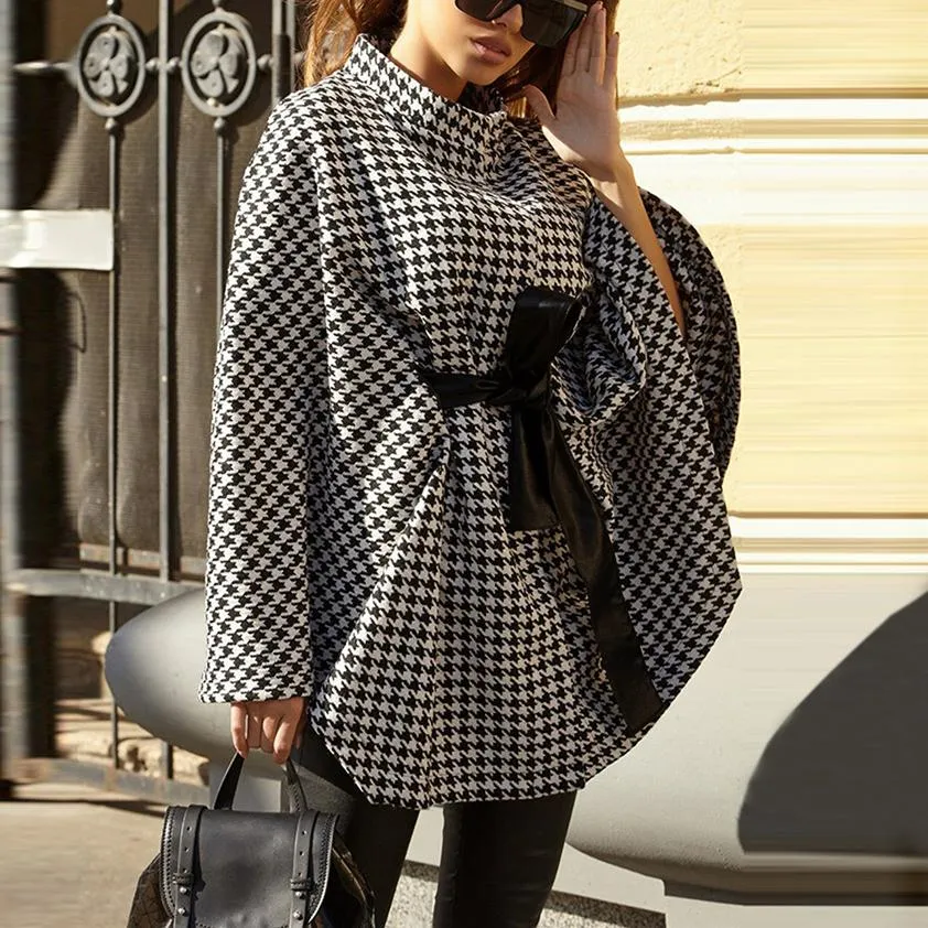 Women plaid bowknot strap long sleeve cape coat