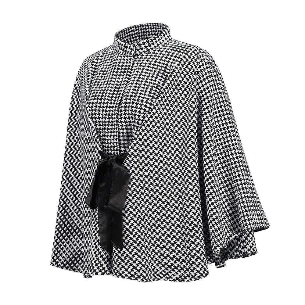 Women plaid bowknot strap long sleeve cape coat