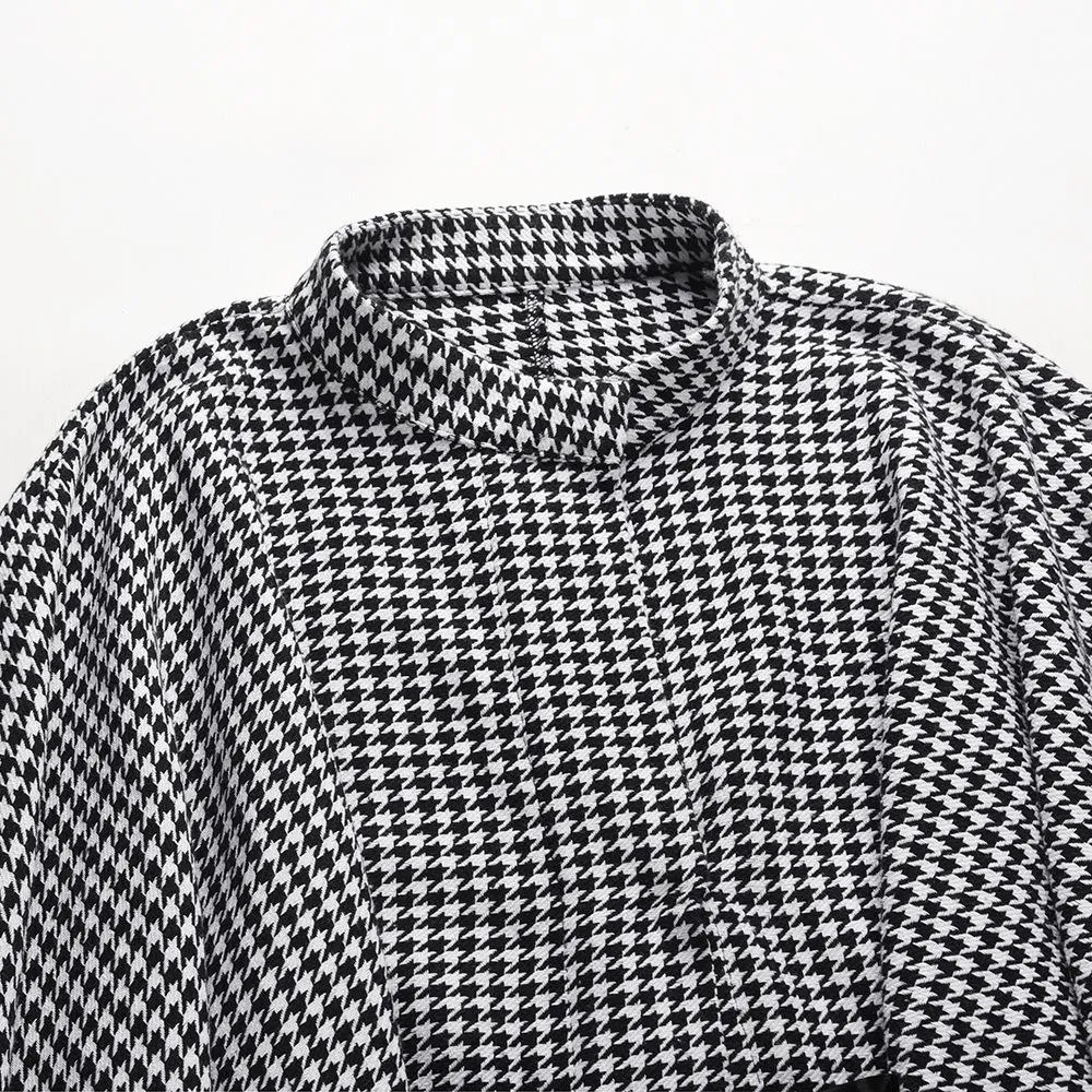 Women plaid bowknot strap long sleeve cape coat