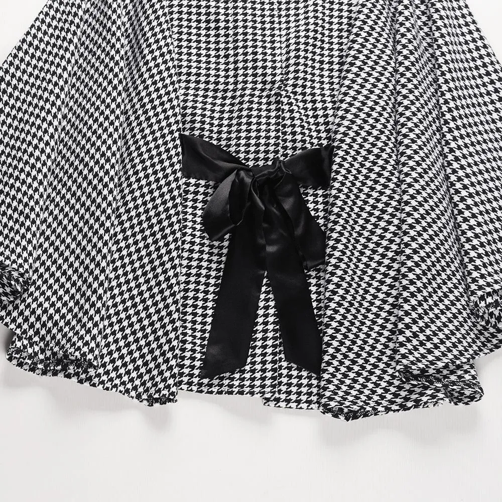 Women plaid bowknot strap long sleeve cape coat