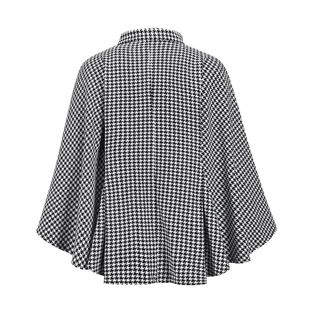 Women plaid bowknot strap long sleeve cape coat