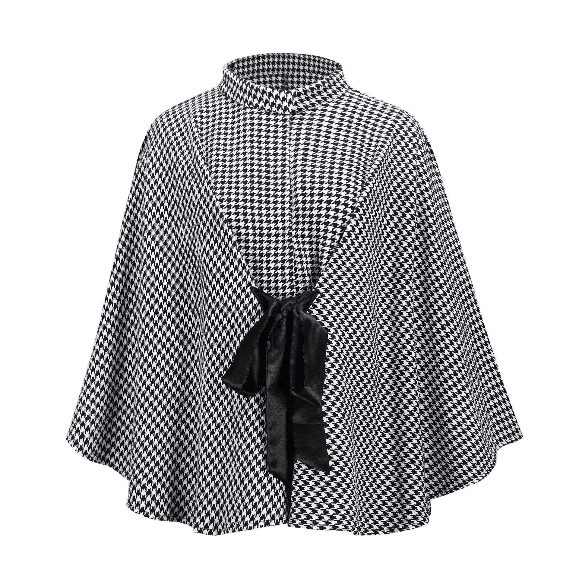 Women plaid bowknot strap long sleeve cape coat